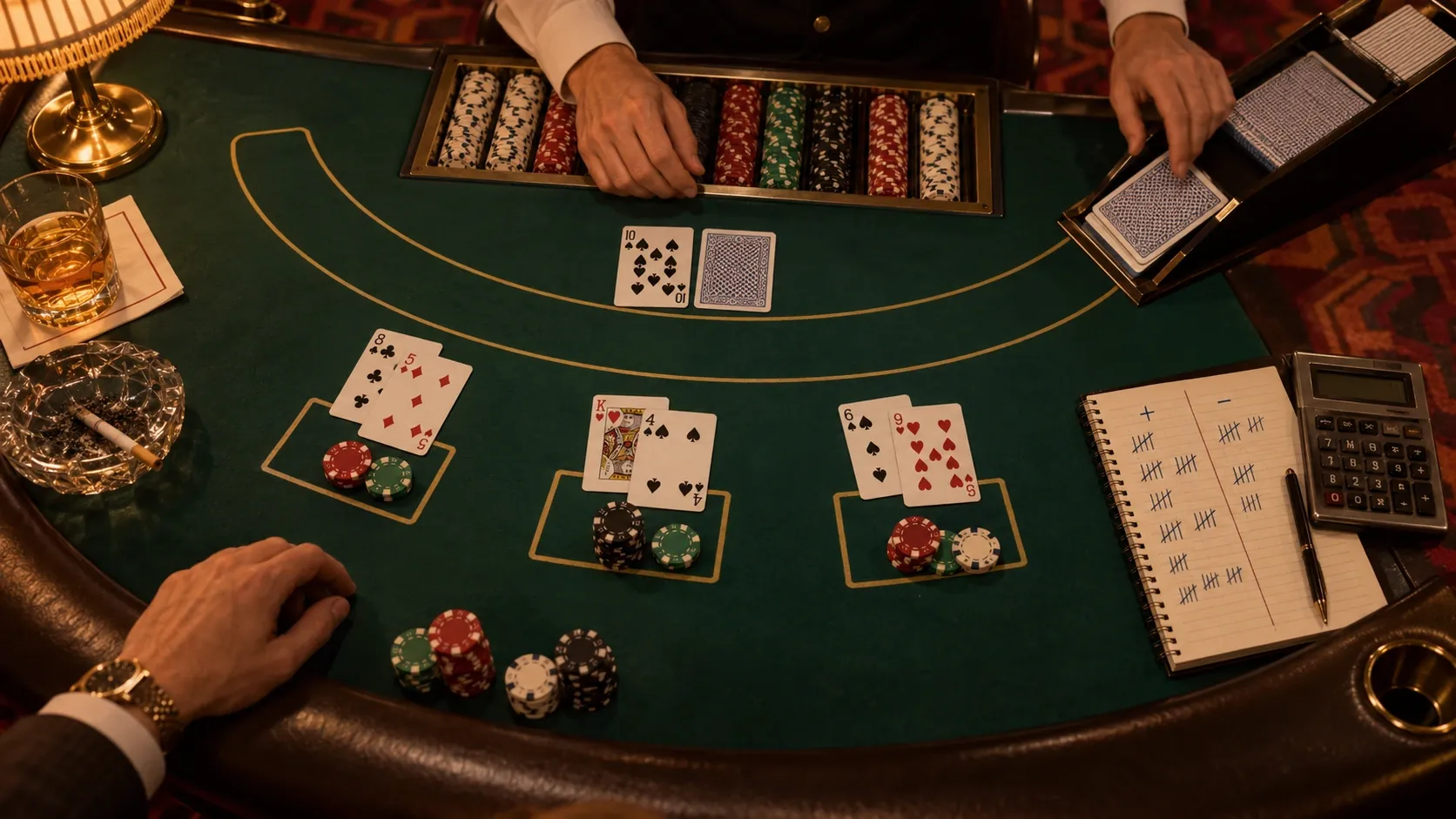 Blackjacki laud ülalt, kaardid kingast ja märkmik pluss- ja miinusmärkidega