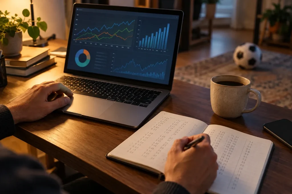 Big data spordiennustuses: kuidas andmed ja statistika töötavad 3 Laud sülearvutiga, millel on graafikud, ja märkmik panustamisandmetega