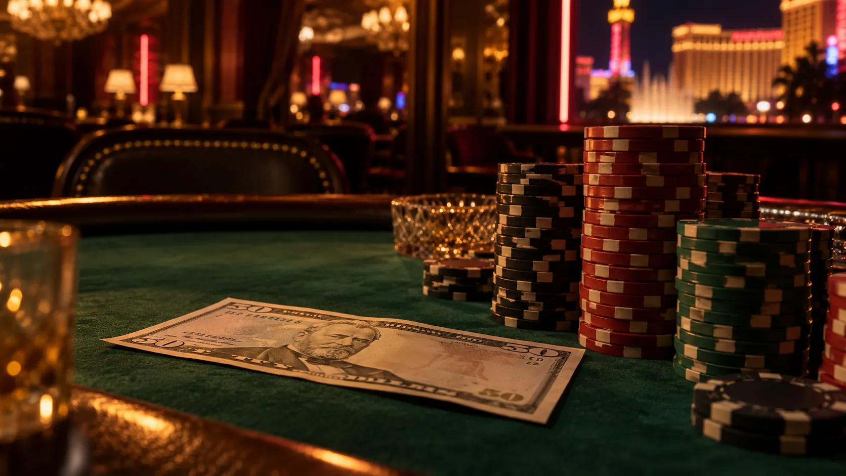 50-dollarine rahatäht rohelisel laual kõrgete žetoonitornide kõrval, taamal öine Las Vegas