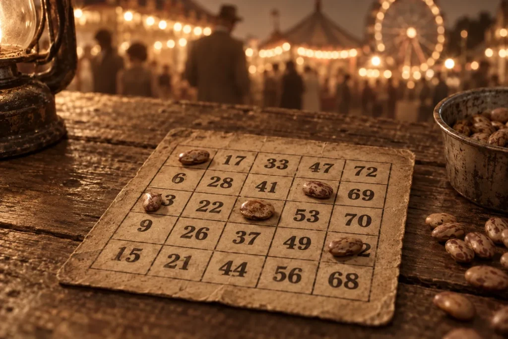 Bingo ajalugu: kuidas lihtsast numbrimängust sai maailmanähtus 2 Vana papist numbrikaart, millel osa numbreid on kaetud ubadega, taamal laada tuled