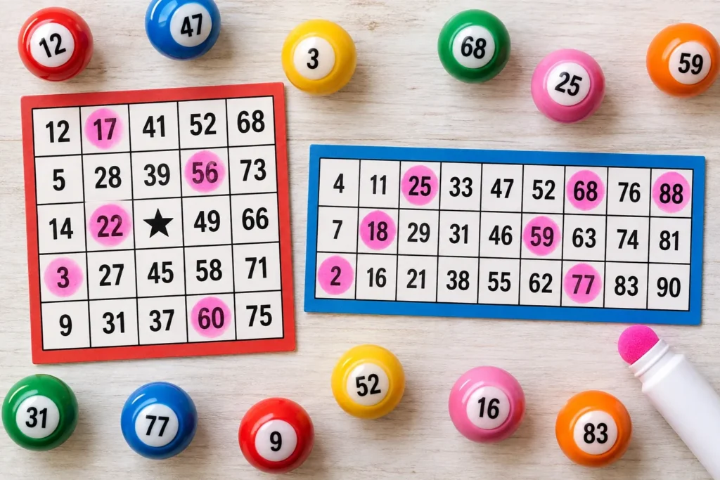 Bingo ajalugu: kuidas lihtsast numbrimängust sai maailmanähtus 3 Kaks bingokaarti, markeriga märgitud numbrid ja värvilised bingopallid