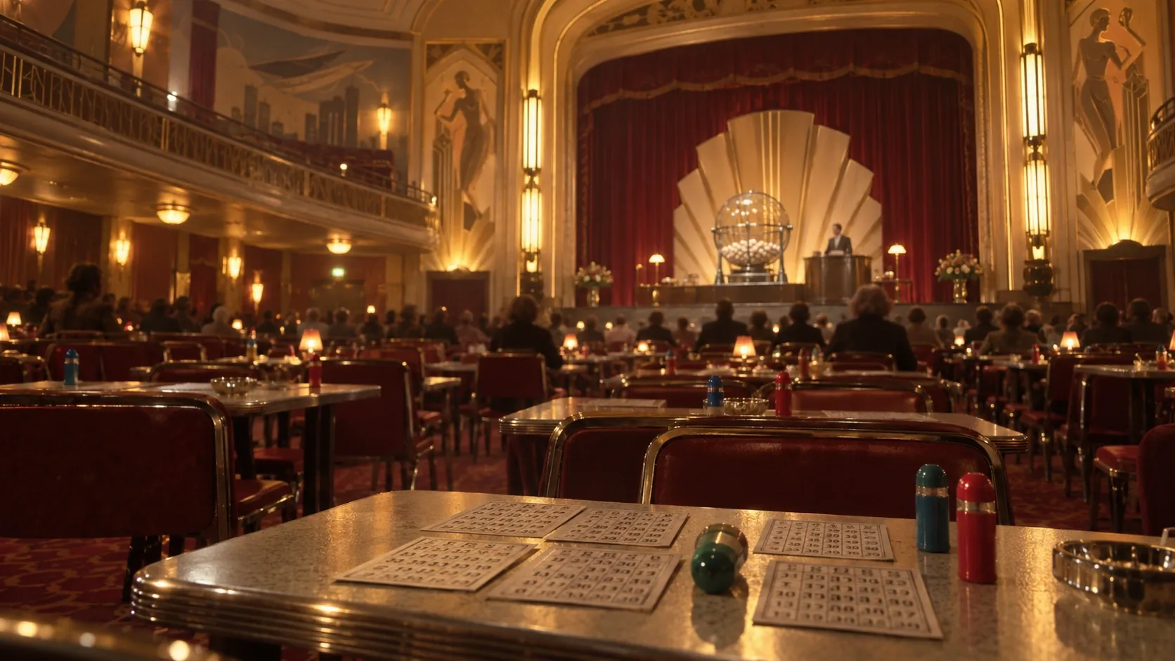 1960. aastate bingohall endises art deco kinosaalis, laudadel bingopiletid ja laval pallimasin