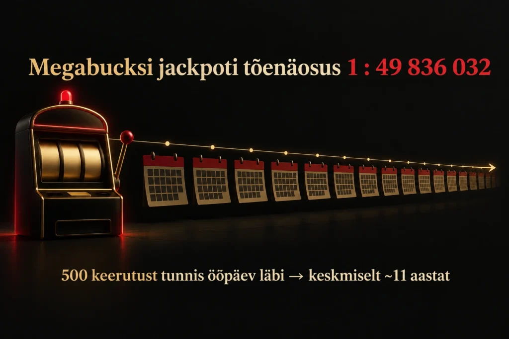 Megabucks jackpoti needus: müüt või tõde? Suurvõitjate tõsielulood 3 Infograafik: Megabucksi jackpoti tõenäosus 1 : 49 836 032 – 500 keerutust tunnis ööpäev läbi tähendab keskmiselt umbes 11 aastat