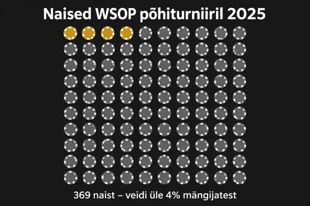 Naissoost pokkerimängijad: tuntuimad naised pokkeris ja nende edulood 3 Infograafik: 100 žetooni seast 4 kuldset – WSOP 2025 põhiturniiril oli teadaolevalt 369 naist