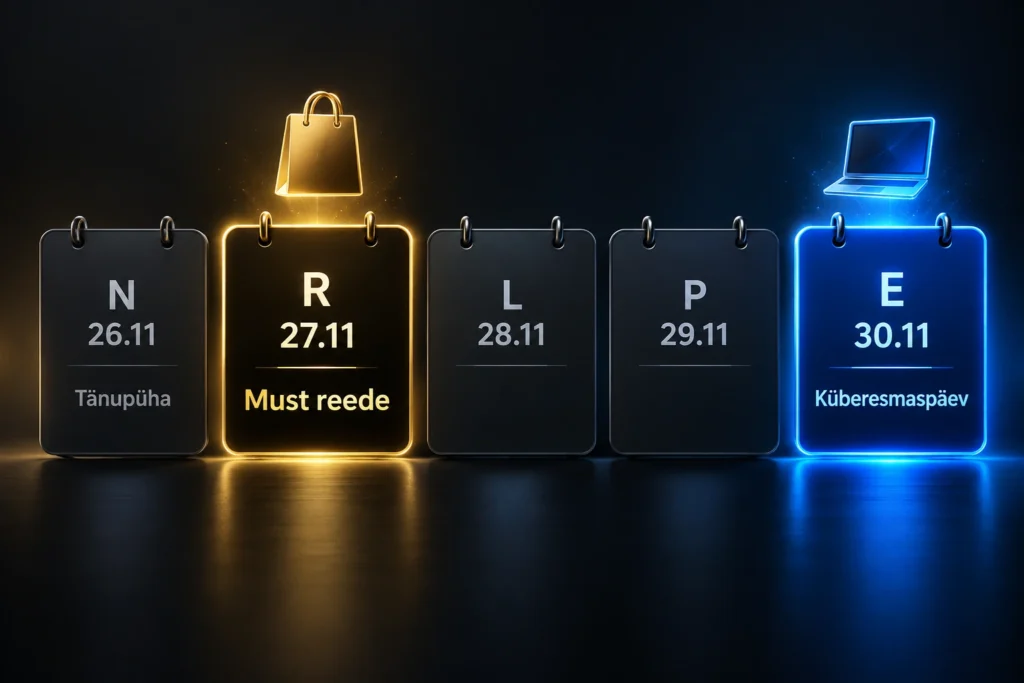 Must reede vs küberesmaspäev 2026: millal teha parimad ostud? 3 Kalender: tänupüha 26.11, must reede 27.11 ja küberesmaspäev 30.11.2026