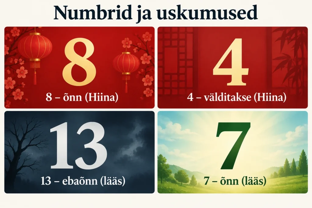 Ebausk ja hasartmängud: talismanid, rituaalid ja kontrolliillusioon 3 Numbrid ja uskumused: 8 – õnn (Hiina), 4 – välditakse (Hiina), 13 – ebaõnn (lääs), 7 – õnn (lääs)