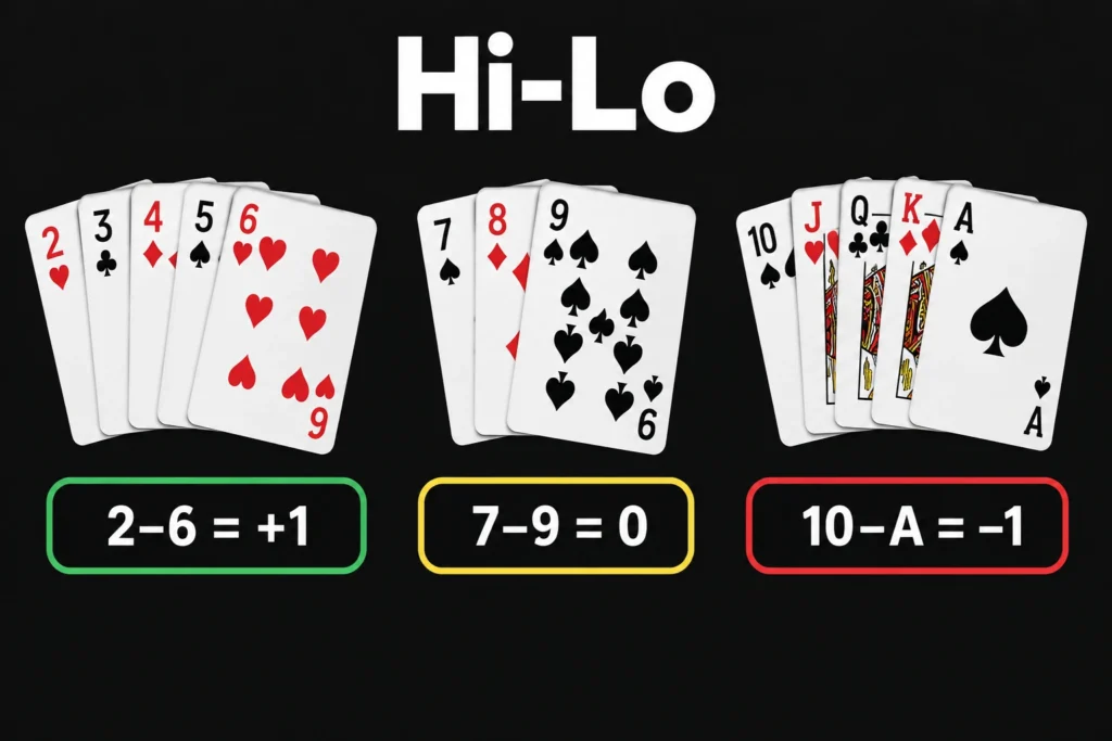 Kaardilugemine blackjackis: kuidas töötab Hi-Lo süsteem ja kas see on seaduslik? 2 Hi-Lo süsteem: kaardid 2–6 = +1, 7–9 = 0, 10–A = −1