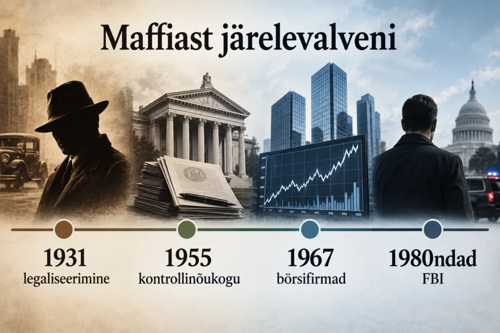 Õnnemängud ja organiseeritud kuritegevus: maffia, kasiinod ja rahapesu 3 Ajajoon: 1931 legaliseerimine, 1955 kontrollinõukogu, 1967 börsifirmad, 1980ndad FBI