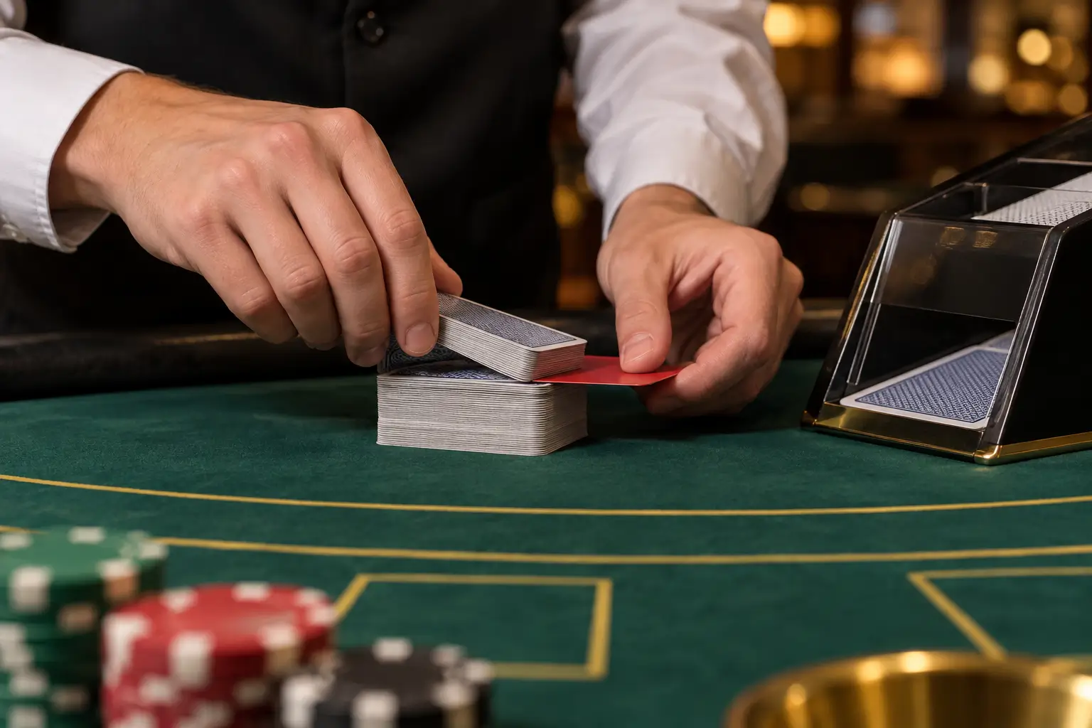 Kaardilugemine blackjackis: kuidas töötab Hi-Lo süsteem ja kas see on seaduslik? 3 Diiler paneb lõikekaardi segatud kaardipakki kaardikarbi kõrval
