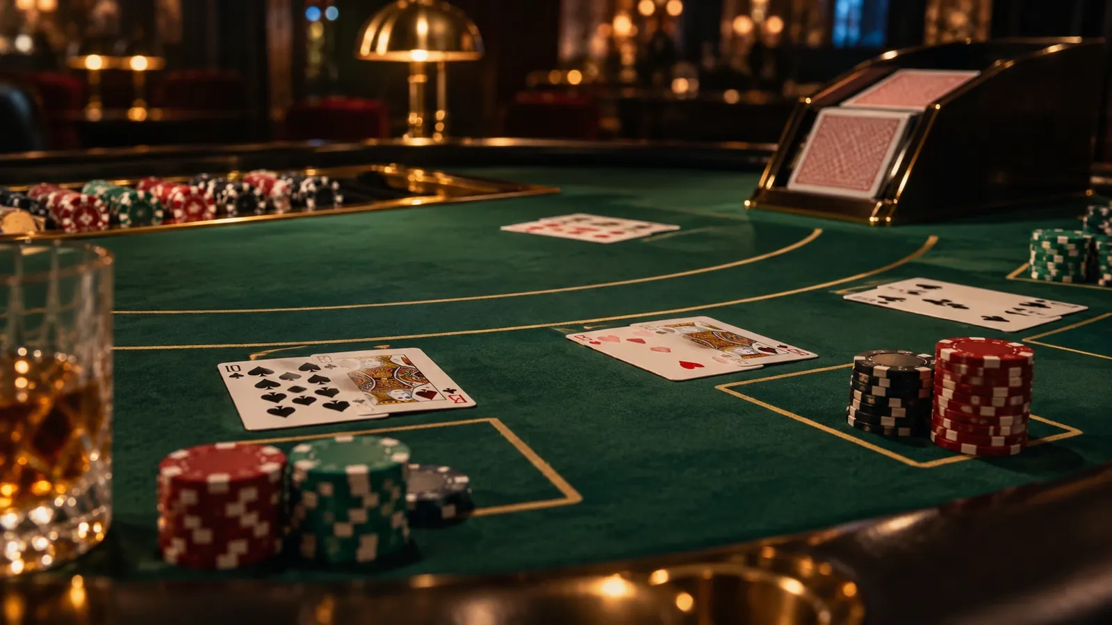 Blackjacki laud kaardikarbi, kaartide ja žetoonidega kasiinos