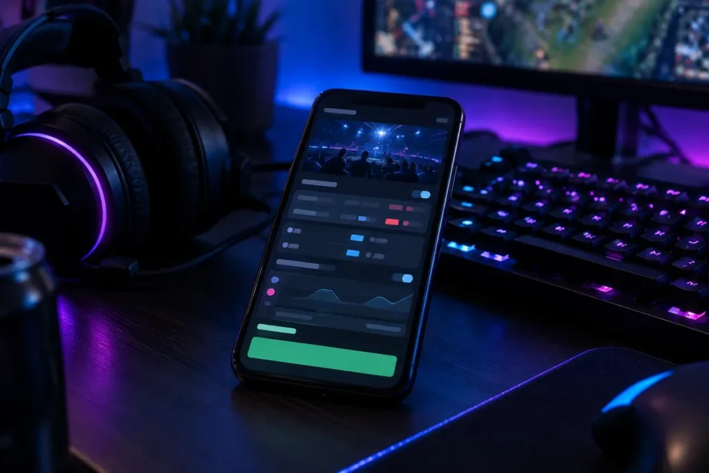 E-spordi maailm: mis on e-sport, ajalugu ja panustamine 3 Nutitelefon panustamise vaatega mängulaual kõrvaklappide ja klaviatuuri kõrval