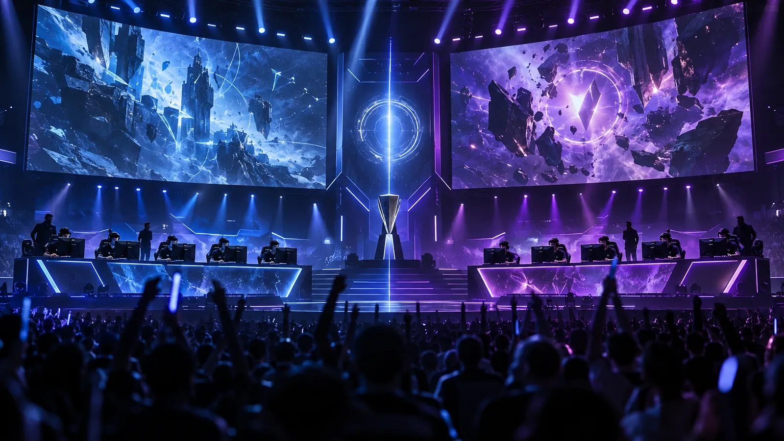 E-spordi areen: kaks meeskonda arvutite taga laval, suured ekraanid ja publik