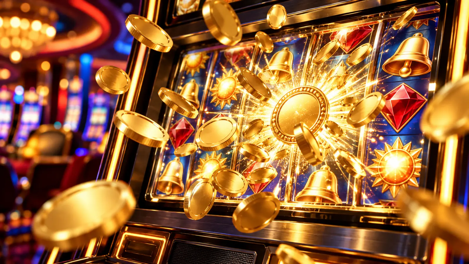 Slotimängu jackpot, ekraanilt lendavad kuldmündid