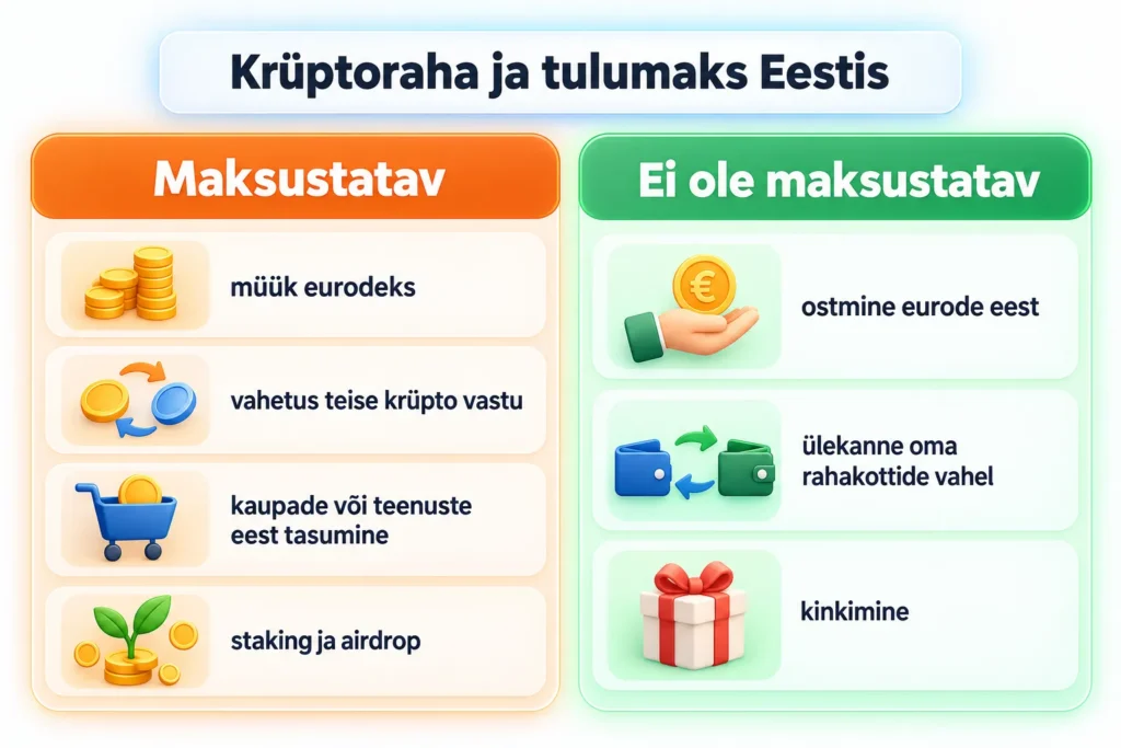 Krüptoraha selgelt ja lihtsalt: millest tuleb väärtus ja mis on riskid 7 Infograafik: krüptoraha ja tulumaks Eestis – maksustatav on müük eurodeks, vahetus teise krüpto vastu, kaupade või teenuste eest tasumine, staking ja airdrop; ei ole maksustatav ostmine eurode eest, ülekanne oma rahakottide vahel ja kinkimine