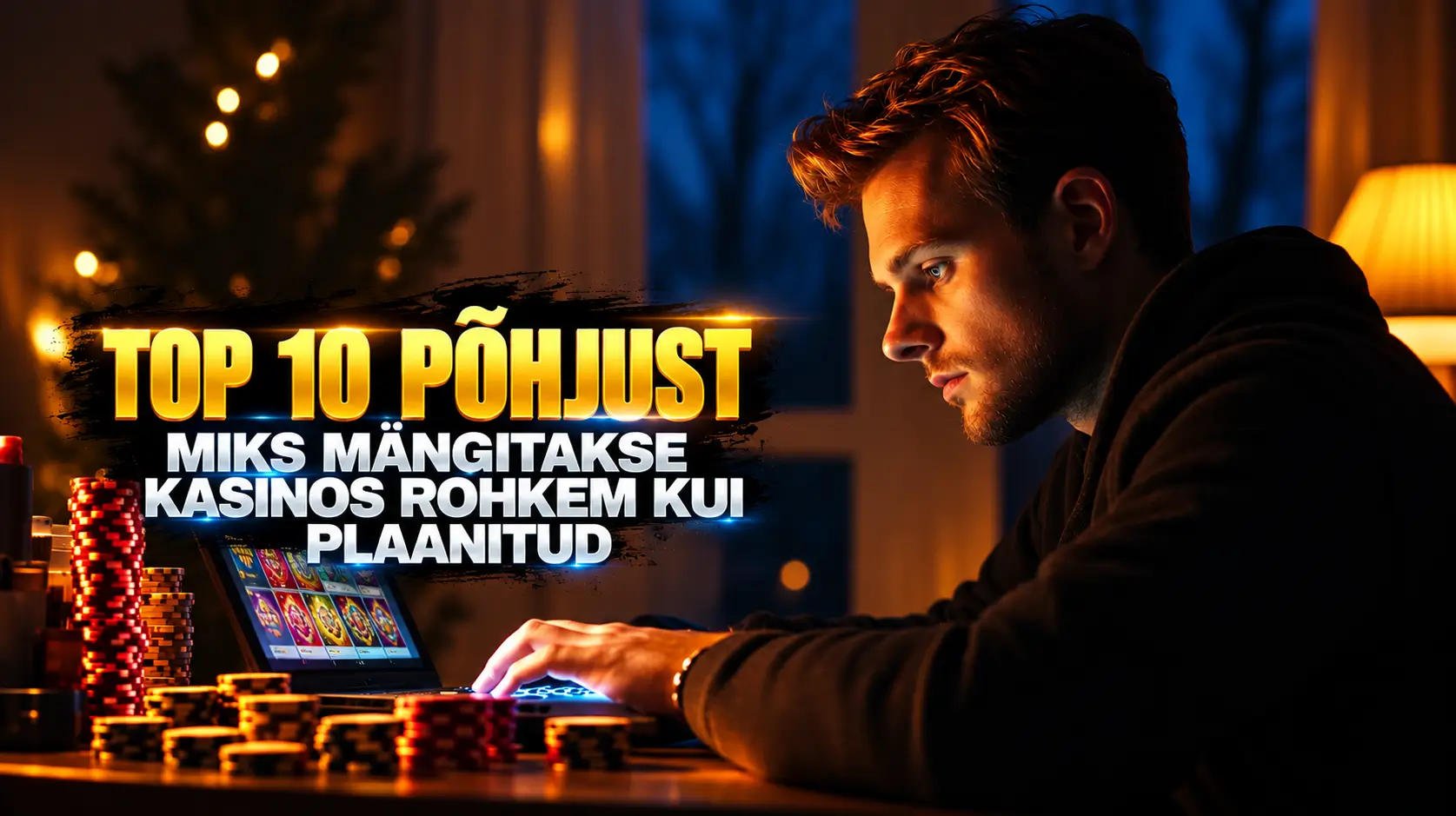 Mees sülearvuti taga öises toas, ekraanil kasiinomängud, laual žetoonid; pealkiri „Top 10 põhjust, miks mängitakse kasiinos rohkem kui plaanitud“