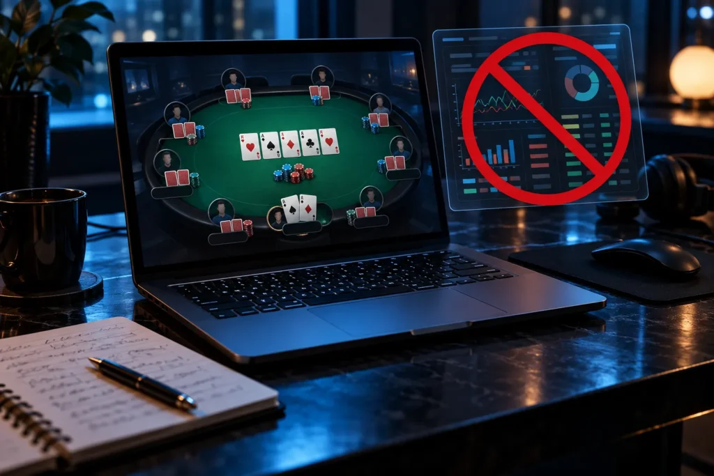 GTO vs ekspluateeriv pokker: miks optimaalne strateegia ei tee Sind võitjaks 4 Sülearvutis online-pokkerilaud, kõrval läbikriipsutatud statistikapaneel