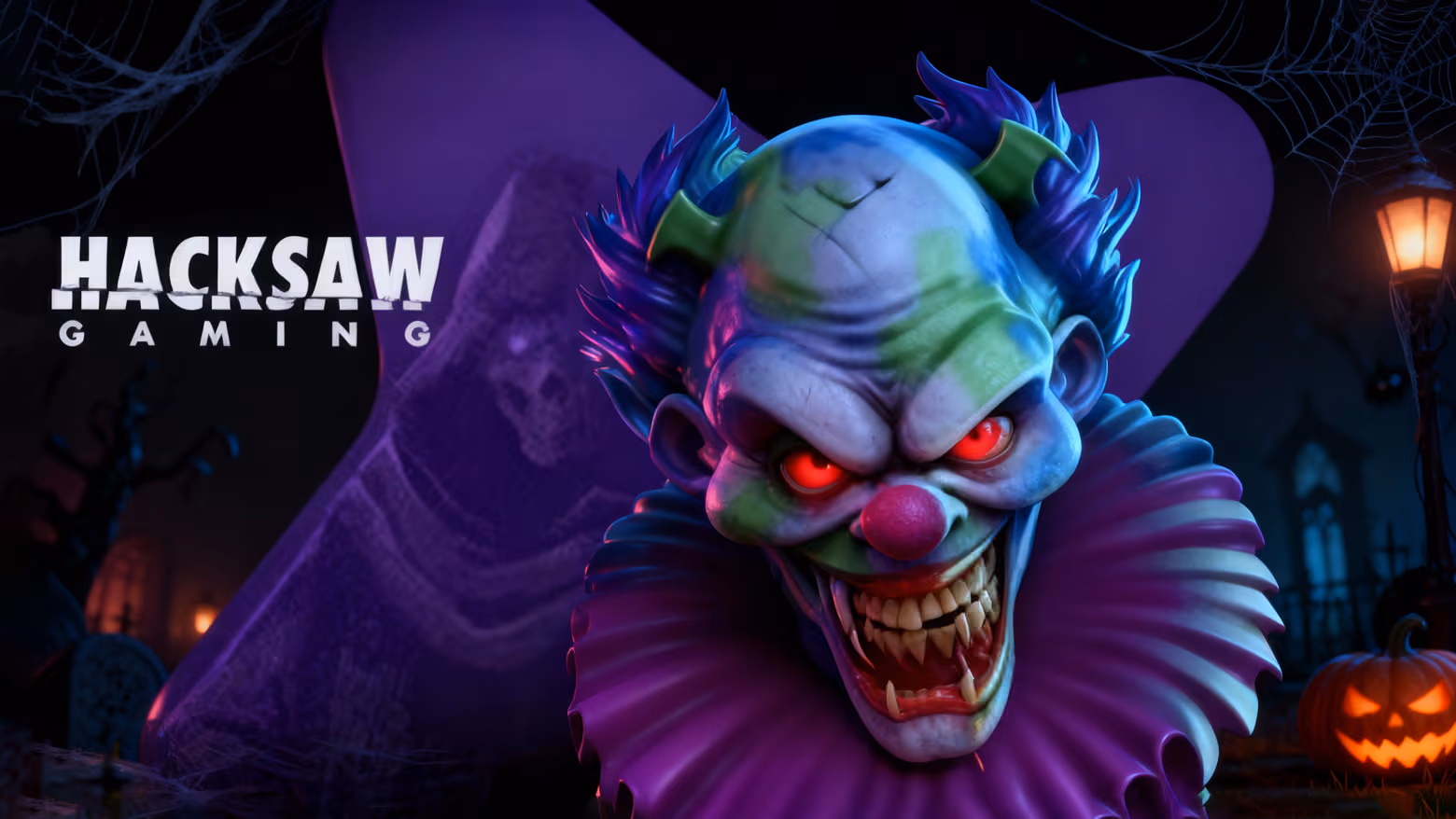 Winz tasuta spinnid kampaania pilt, millel on hirmutav kloun ja hacksaw gaming logo halloweeni taustal