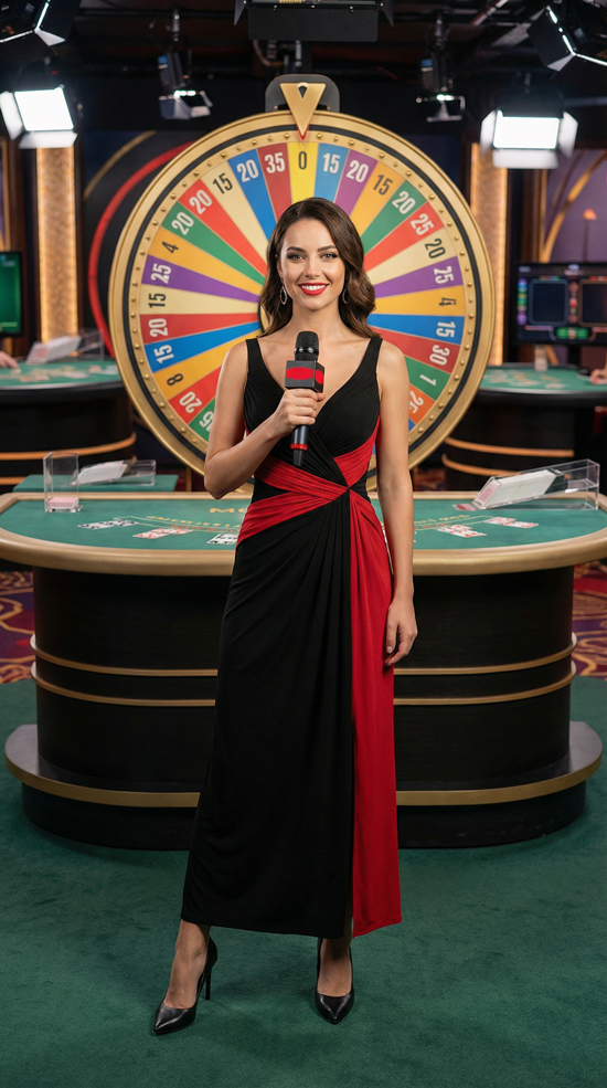 Optibet must reede: Naeratav saatejuht hoidmas mikrofoni, seljataga suur õnneratas