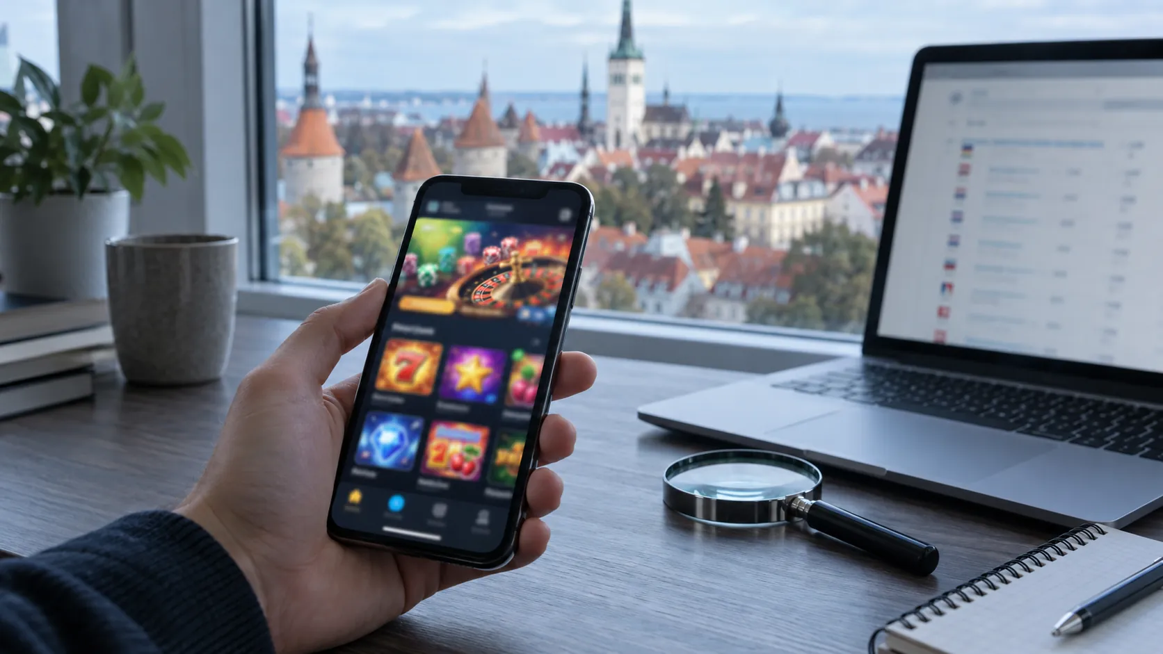 Telefon kasiinoäpiga ja luup sülearvuti kõrval, aknast paistab Tallinna vanalinn