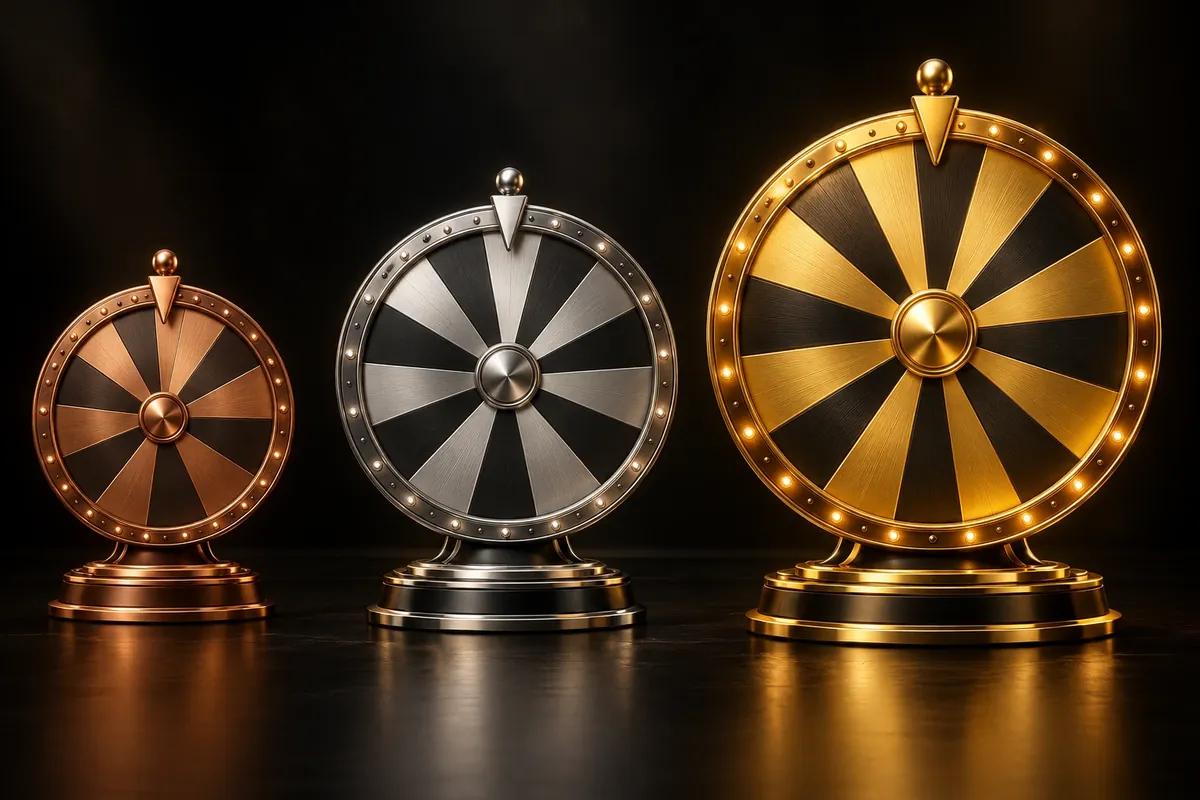 Wheel of Winz: sissemaksega auhinnaratas, peaauhind kuni 10 000 € 2 Kolm auhinnaratast kõrvuti tumedal taustal: pronksine, hõbedane ja suurim kuldne