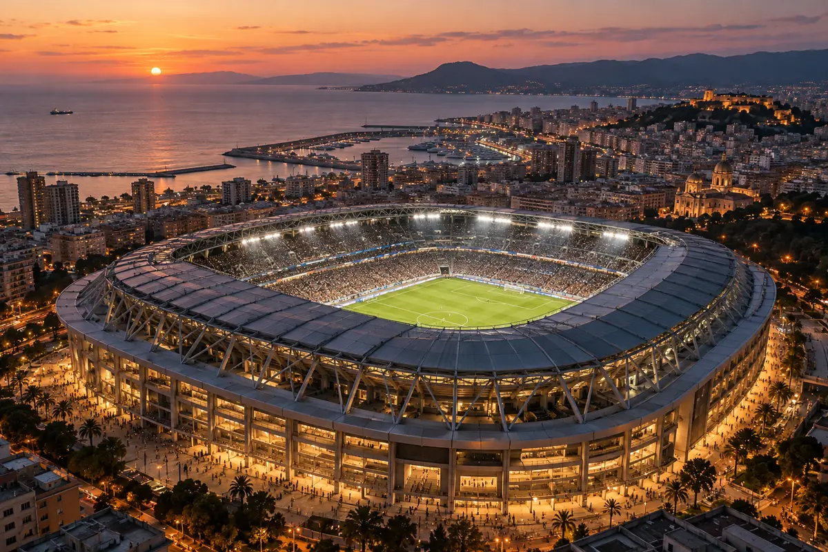 El Clásico ennustusmäng: OlyPicks Barcelona–Real Madrid – vasta 6 küsimusele, võida 20 € tasuta panus 4 Valgustatud jalgpallistaadion mere ääres linna kohal päikeseloojangul