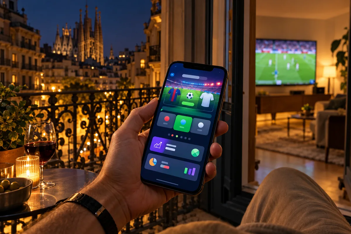El Clásico ennustusmäng: OlyPicks Barcelona–Real Madrid – vasta 6 küsimusele, võida 20 € tasuta panus 2 Käsi hoiab Barcelona rõdul öösel nutitelefoni ennustusmänguga, taustal jalgpall teleris