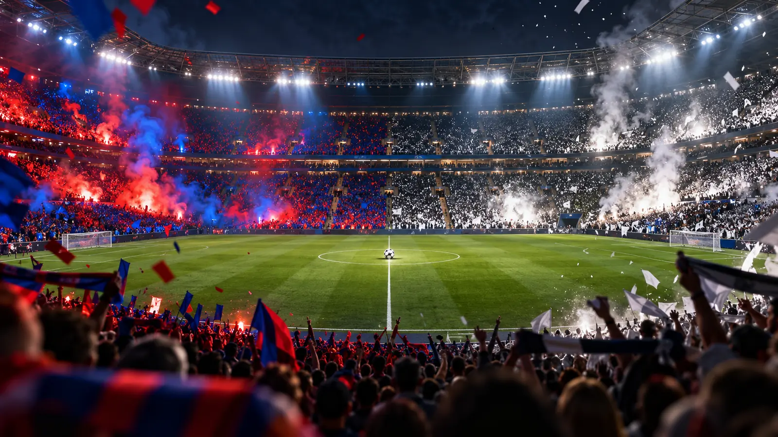 Täis jalgpallistaadion öösel, keskringis pall, tribüünidel sinipunased ja valged tõrvikud