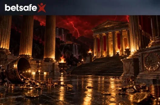 Betsafe logo ning Kreeka templi sammastik kuldsete müntidega – Betsafe kasiino tervitusboonus