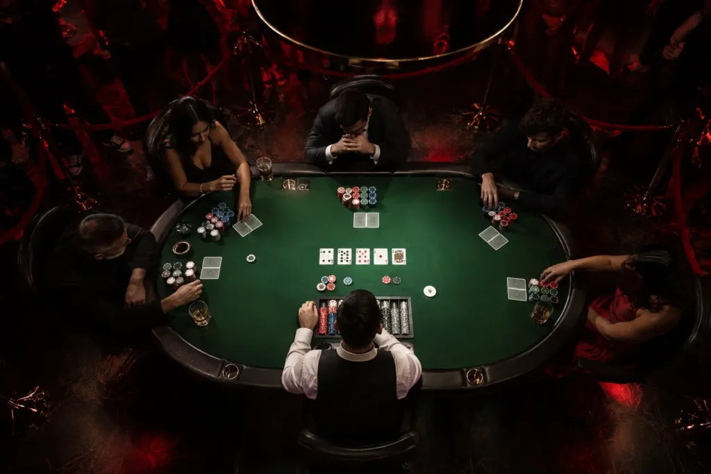 Betsafe pokker ülevaade: kuni 2000 € boonus, iPoker ja turniirid 2 Pokkeriturniiri laud ülalt vaates, žetoonivirnad ja kaardid rohelisel kangal