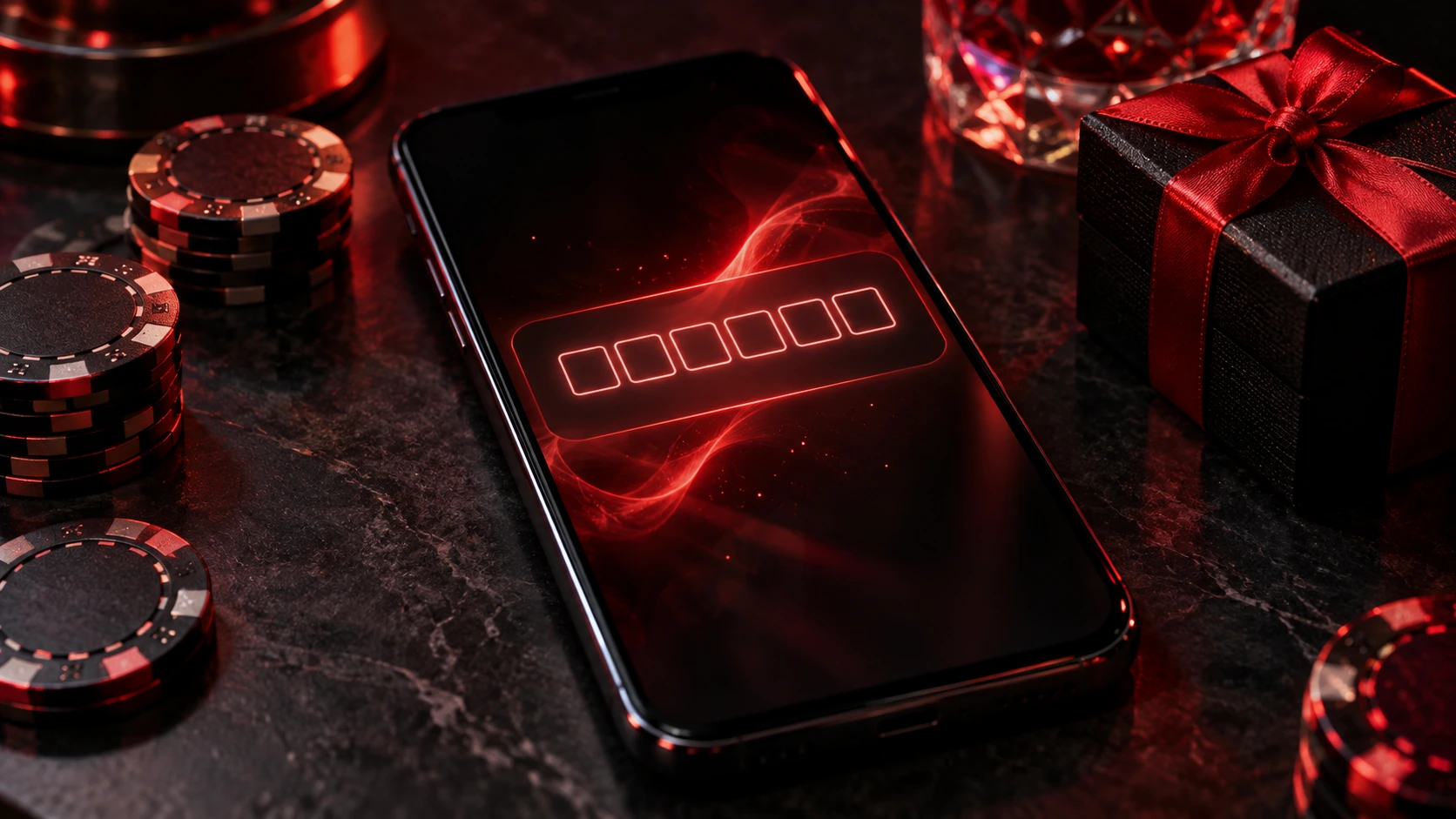 Nutitelefon boonuskoodi sisestamise väljaga, kasiinožetoonid ja kinkekarp