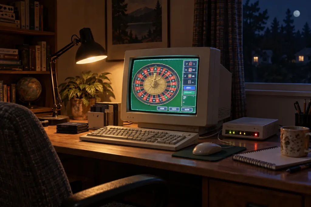 Online-kasiinode ajalugu: esimestest online-kasiinodest tänapäevani 2 1990. aastate kodukontor, arvutiekraanil pikslitest rulett