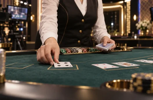 Live kasiino diiler jagab blackjacki laua taga kaarte
