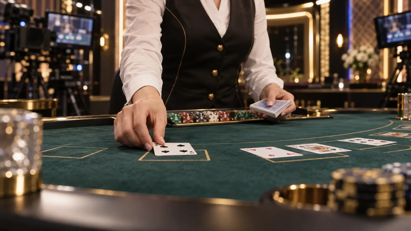 Live kasiino diiler jagab blackjacki laua taga kaarte