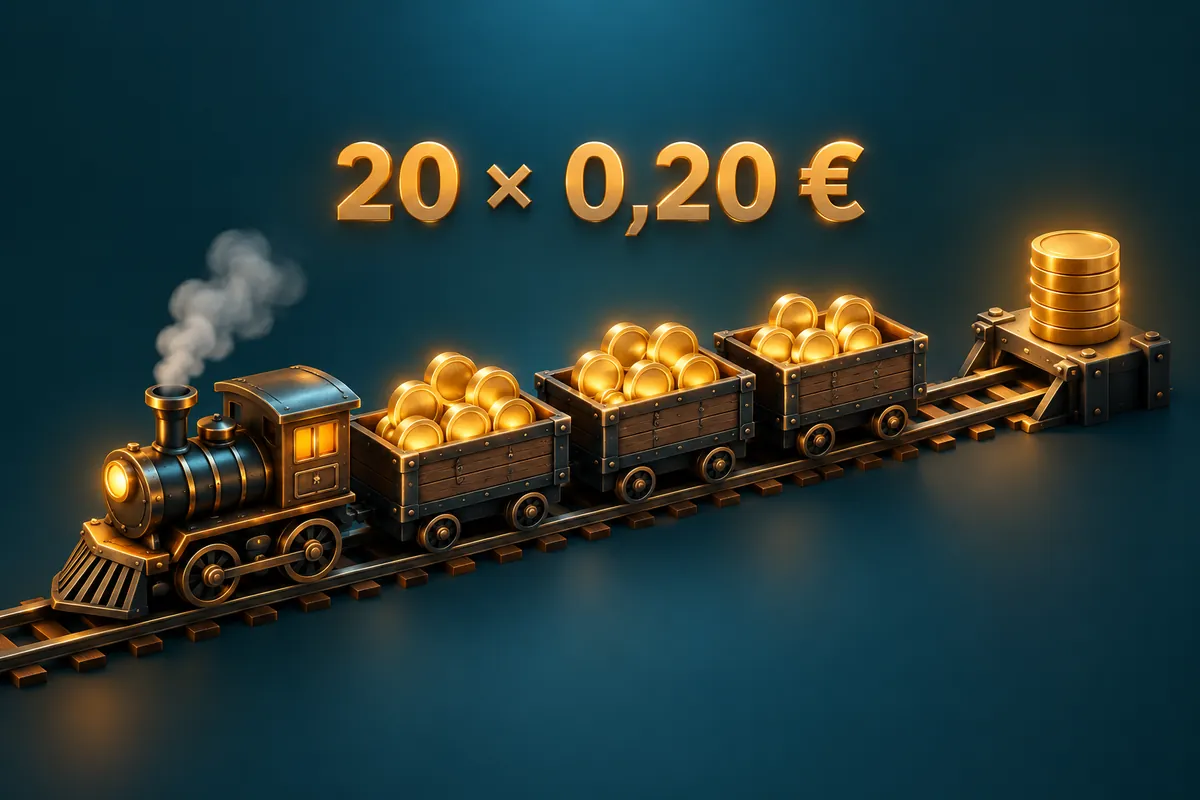 Paf tasuta keerutused: 20 spinni Money Train 5 mängus 30 € mängimise eest 2 Illustratsioon: mänguronge vedamas kuldmünte kolmes vagunis ja tekst 20 × 0,20 € – tasuta keerutuste nimiväärtus 4 €