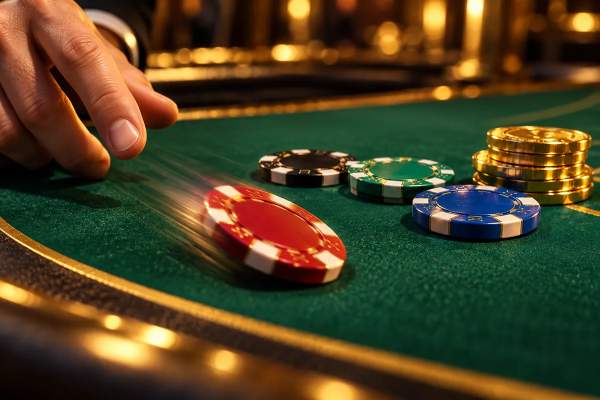 Nutzi blackjacki sissemakseboonus: 100 € sissemakse eest 4 × 2,50 € žetooni 3 Käsi lükkab žetooni blackjacki laual, kõrval žetoonide virnad