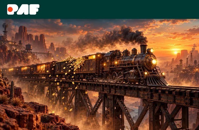 Paf logo ning aururong kuldmüntidega kanjonisillal – Pafi Money Train 5 tasuta keerutused