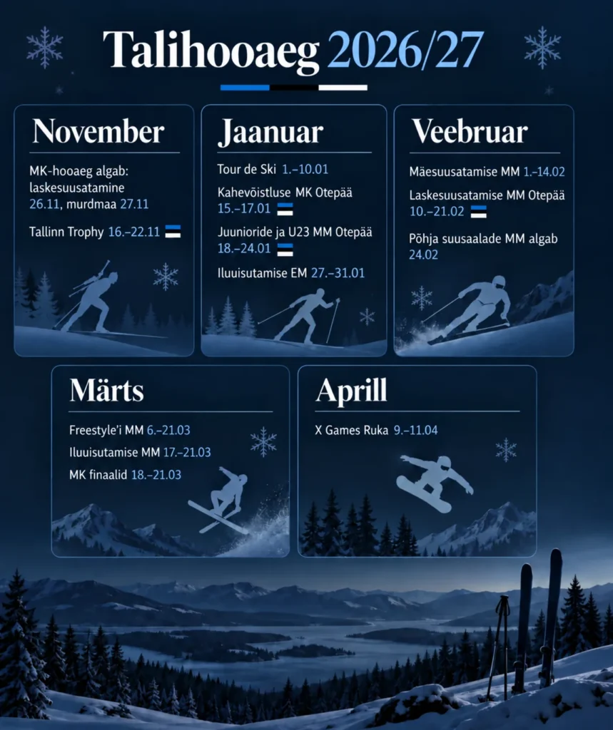Talispordi kalender 2026/27 2 Talihooaja 2026/27 valitud tähtsündmused kuude kaupa: MK-hooaja algus, Tour de Ski, Otepää kahevõistluse MK ja laskesuusatamise MM ning tiitlivõistlused kuni X Games Rukani
