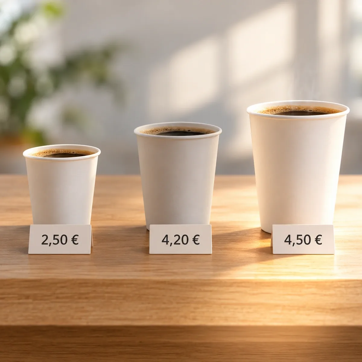 Tarbimislõksud: kuidas poed ja e-poed sinu ostuotsust suunavad 3 Kolm valget kohvitopsi letil hinnasiltidega 2,50 €, 4,20 € ja 4,50 €