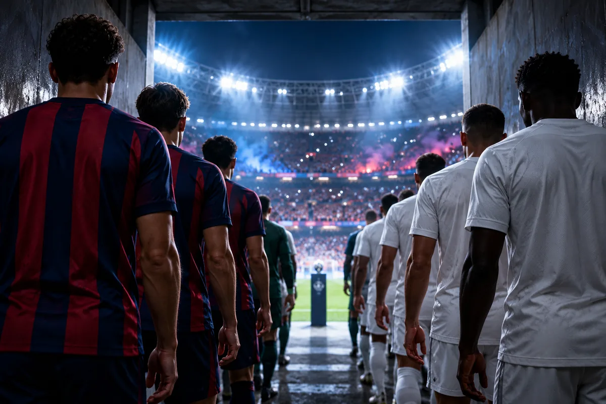 Barcelona vs Real Madrid: Betsafe'i 20 € tasuta panus ja El Clásico eelvaade 5 Kaks jalgpallimeeskonda triibulistes ja valgetes särkides tunnelis enne väljakule minekut