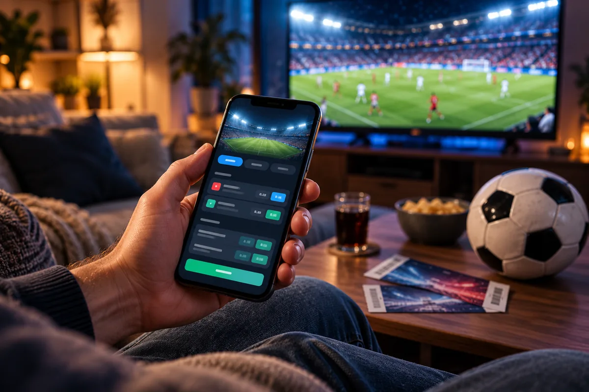 Barcelona vs Real Madrid: Betsafe'i 20 € tasuta panus ja El Clásico eelvaade 2 Käsi hoiab nutitelefoni panusesedeliga, taustal teleris jalgpallimäng ja laual piletid
