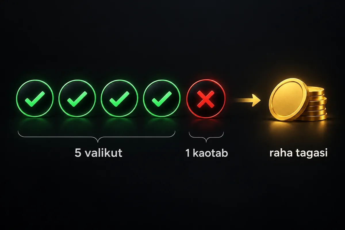 Betsafe kindlustatud mitmikpanus: ühe vale valiku korral kuni 20 € tagasi 2 Infograafik: 5 valikut, 1 kaotab, raha tagasi