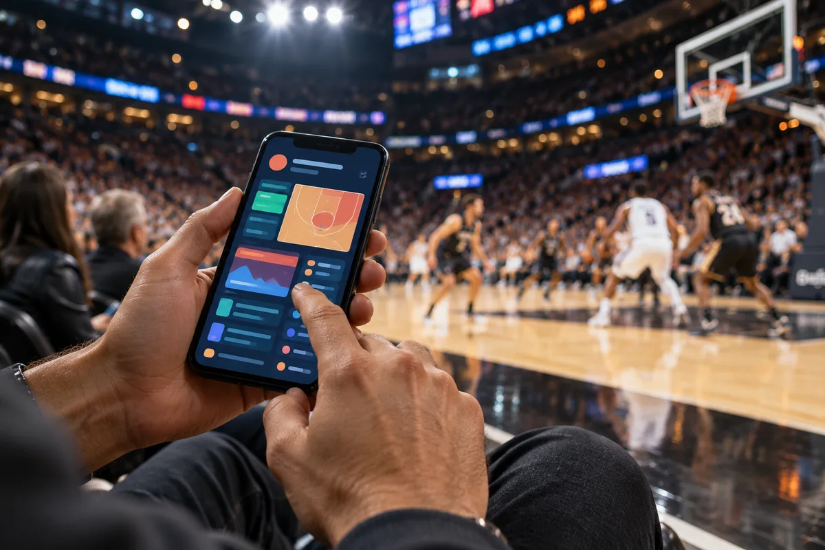 Betsafe NBA tasuta panus: 40 € korvpallipanuste eest 20 € Bet Builderisse 2 Nutitelefon käes korvpalliväljaku ääres, taustal käimasolev mäng