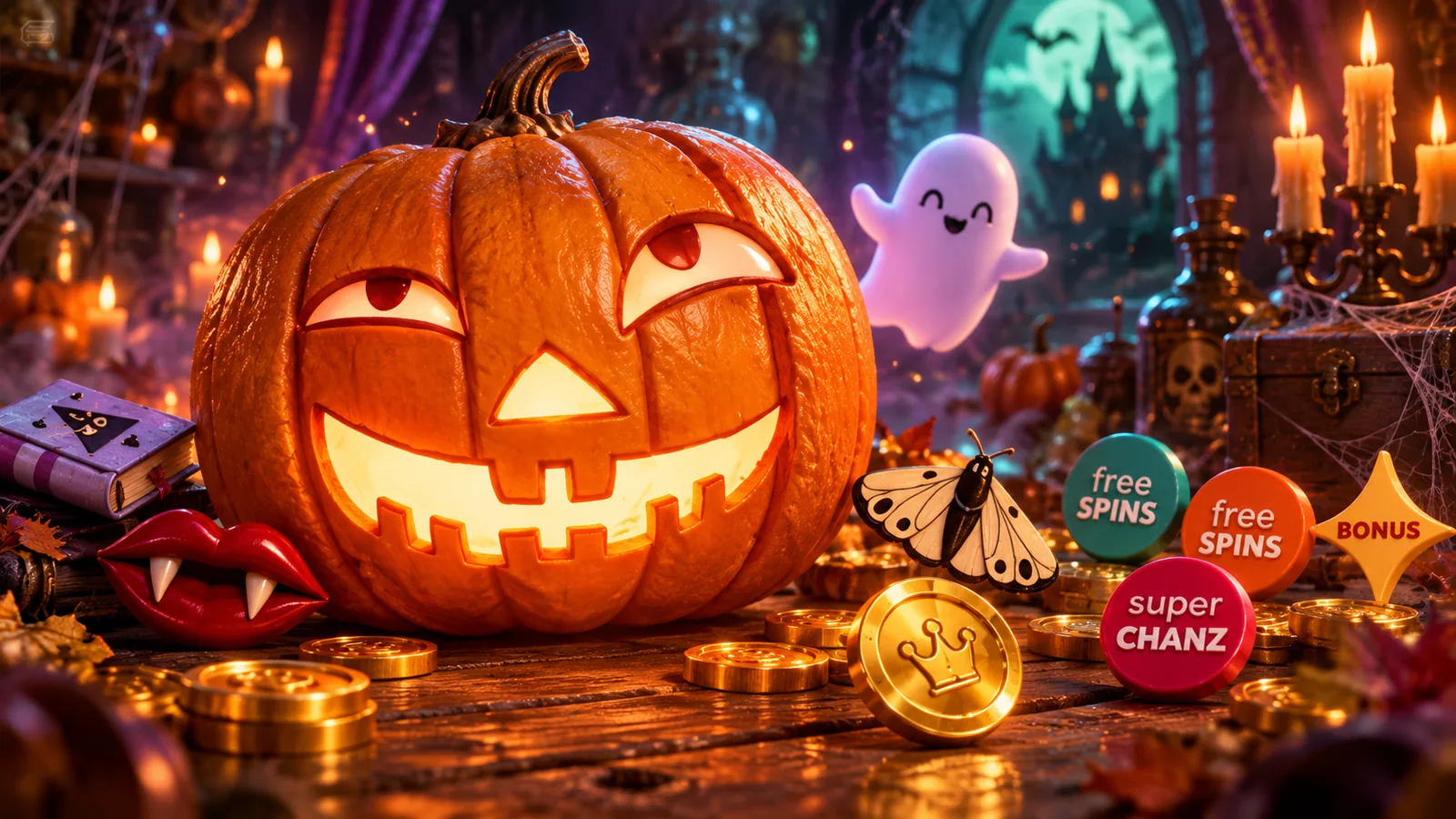 Helendav kõrvitsalatern, kummitus ja Halloweeni märgid kuldmüntide keskel