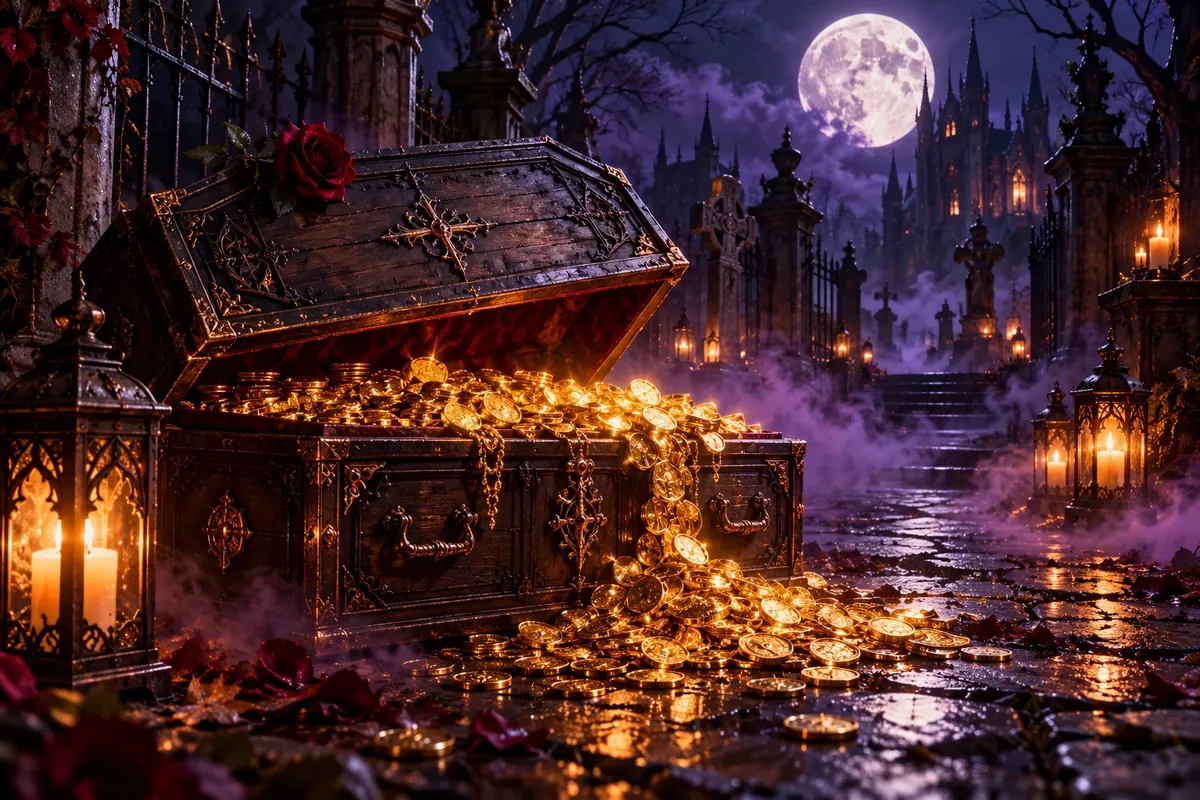 Coolbet Halloween Spin Street: 20 € kombopanuste eest 50 tasuta keerutust 3 Kuldmüntidest ülevoolav vana kirst kalmistuteel täiskuu all