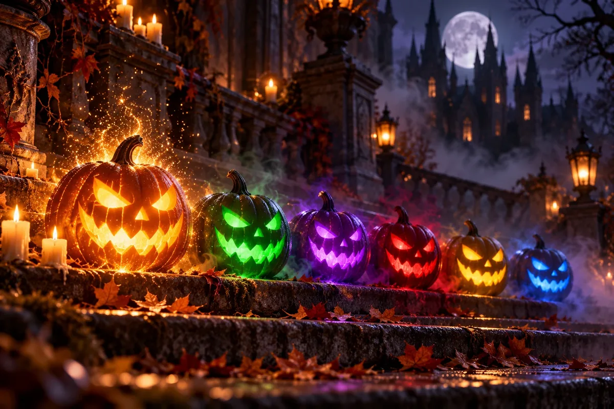 Coolbeti Halloweeni keerutused: iga päev 30 tasuta keerutust 30 € sissemakse eest 2 Kuus eri värvi kumavat kõrvitsat kivitrepil