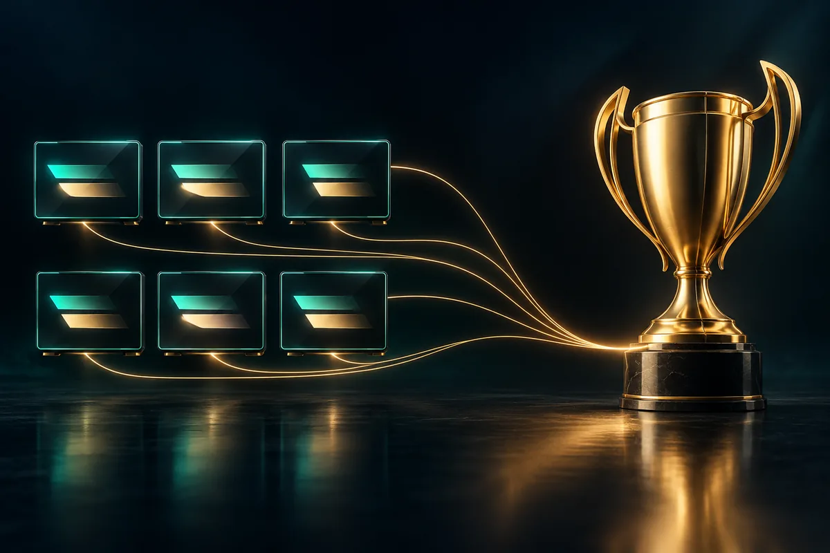 Coolbet Premier League ennustusmäng: 1100 € igas voorus ja 100 000 € kuue täpse skoori eest 3 Kuus tablooekraani on valgusjoontega ühendatud kuldse karikaga