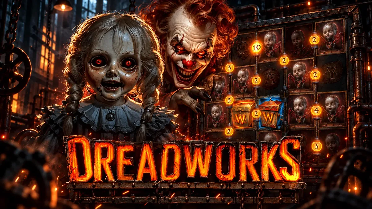 VivatBet Halloweeni eri: 30,30 € sissemaksega 66 tasuta keerutust Dreadworksis 3 Dreadworksi slotimängu reklaampilt: katkine nukk, kloun ja rullid kordistajatega