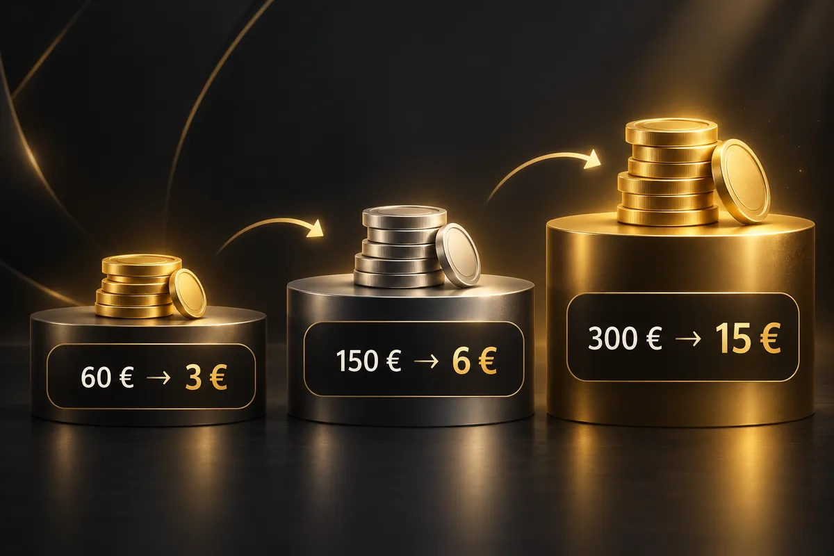 Kanuuna pühapäevad: iga kolmas sissemakse toob kuni 15 € tasuta keerutusi 2 Infograafik: 60 € → 3 €, 150 € → 6 €, 300 € → 15 € tasuta keerutusi