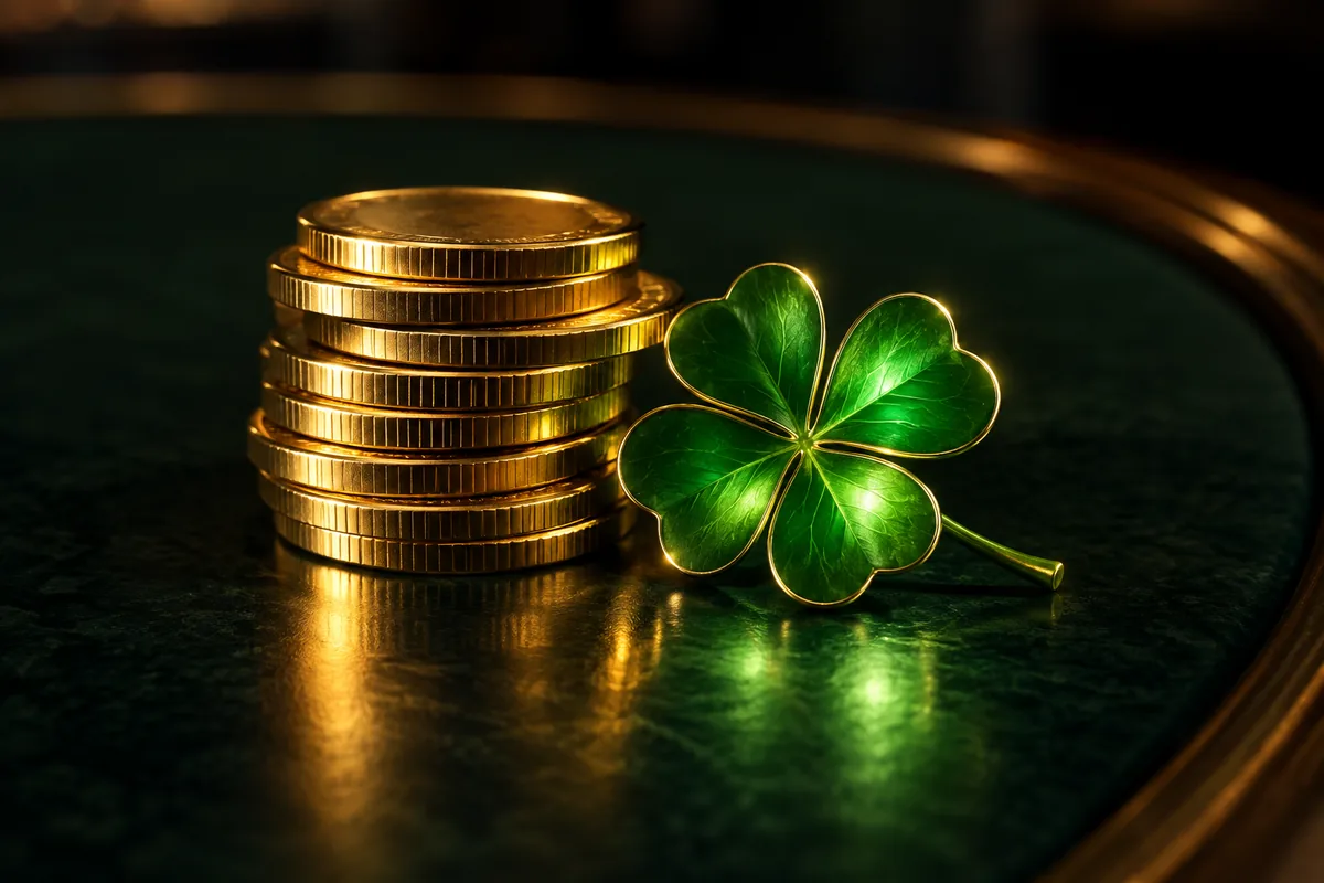Luckybet ESTONIA25: 25 tasuta keerutust ilma sissemakseta 3 Väike kuldmüntide virn ja helendav ristikuleht tumedal laual
