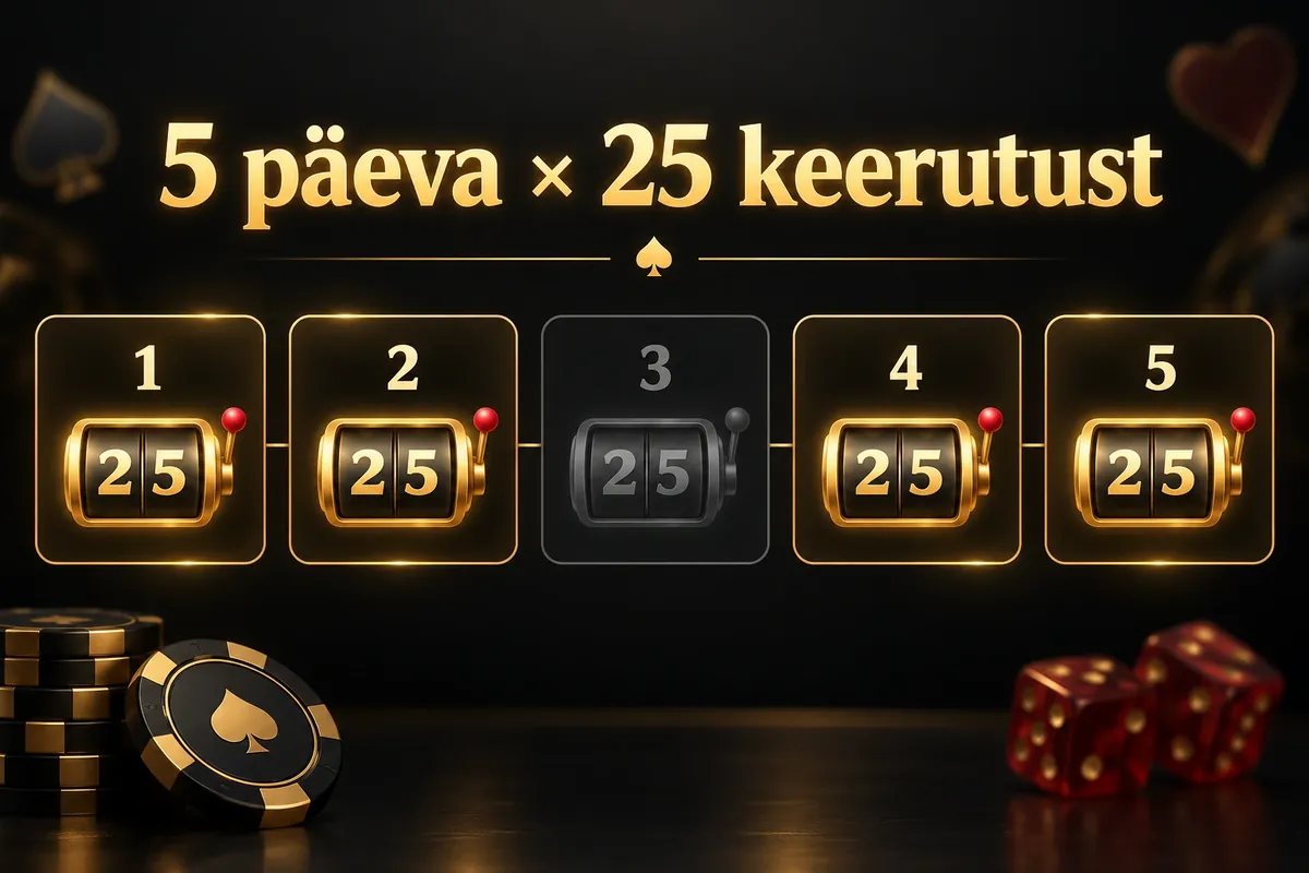 Luckybet tasuta keerutused: 10 € sissemaksega 125 keerutust viie päeva jooksul 2 Infograafik: 5 päeva × 25 keerutust, vahele jäänud päev on tuhm
